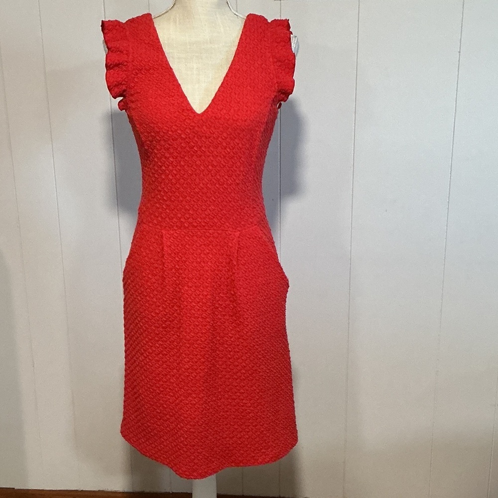 Tabitha Red V-Neck Textured Ruffle Midi Dress